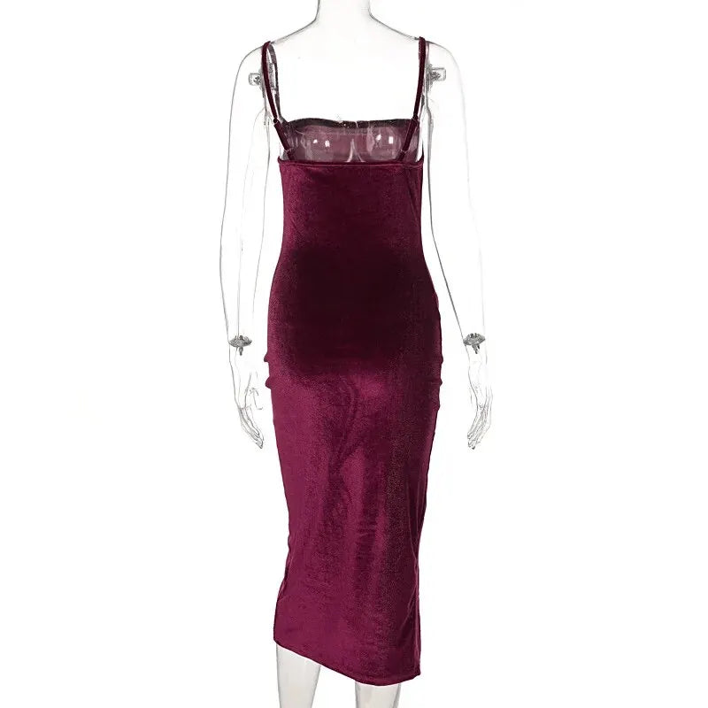 Elegant Velvet Bodycon Midi Dress for Women with Long Sleeves and Round Neck Perfect for Party, Club, and Evening Events