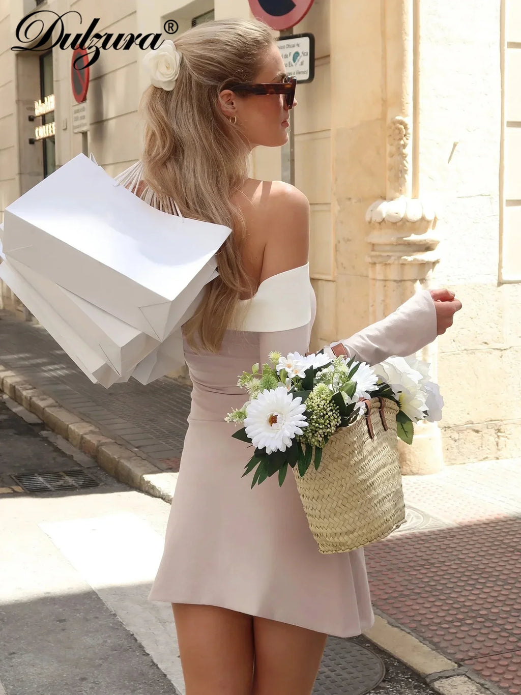 Dulzura Off Shoulder Long Sleeve Slim Mini Dress for Women Elegant Sexy Party Prom Clubwear Spring Fashion