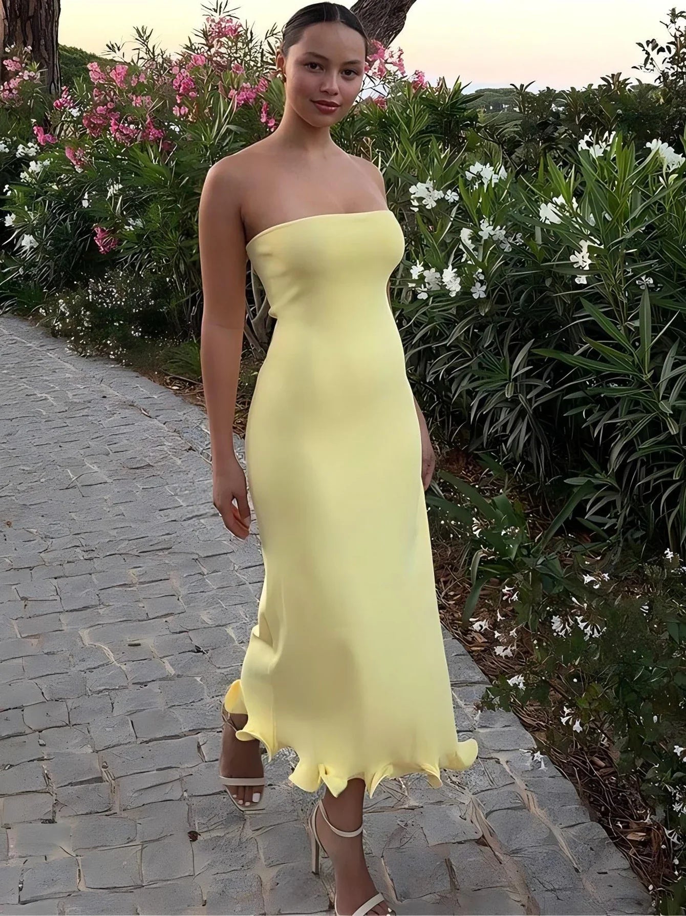 Dulzura Sleeveless Ruffles Patchwork Strapless Bodycon Midi Dress for Women Elegant Solid Sexy Party and Clubwear for Autumn and Winter