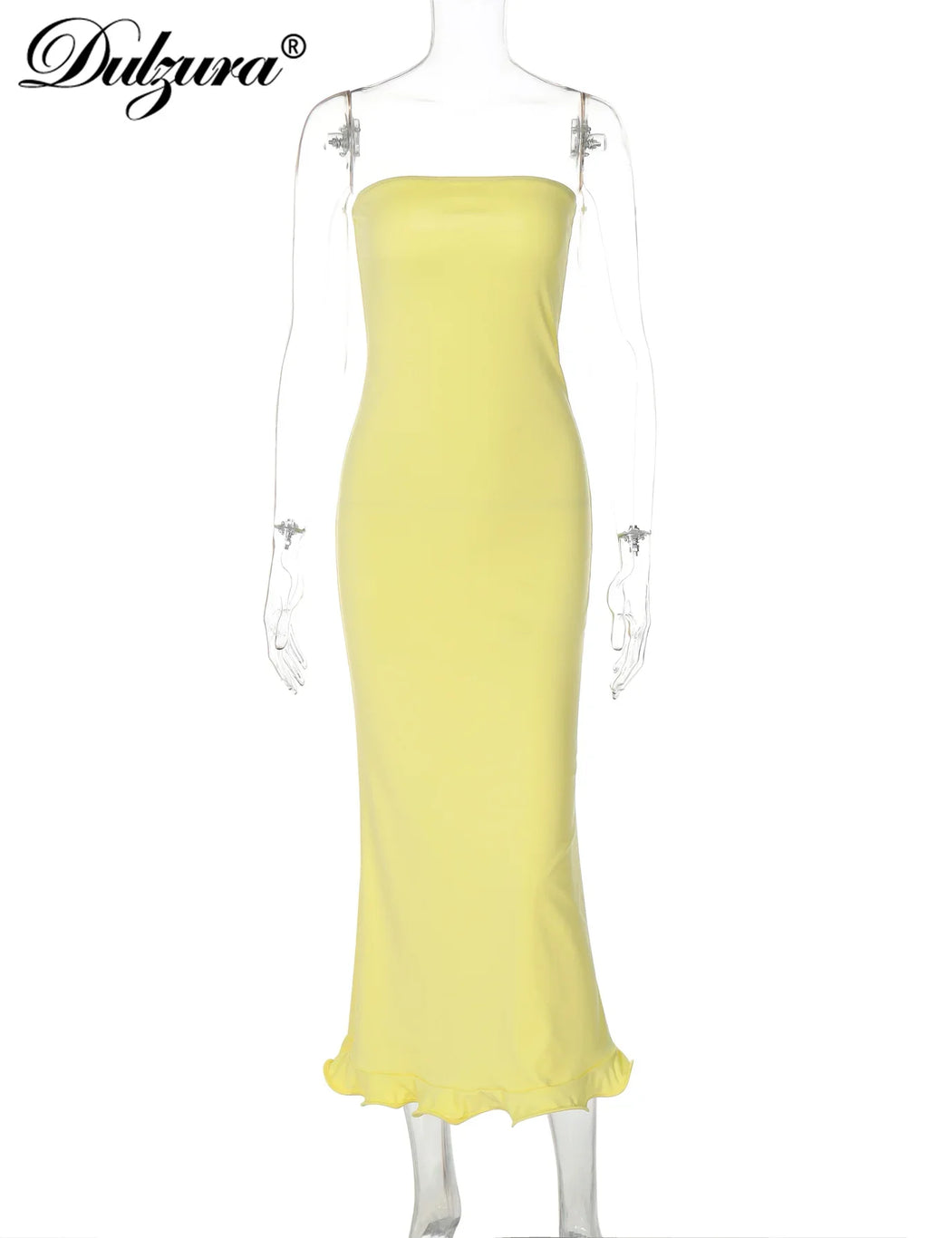 Dulzura Sleeveless Ruffles Patchwork Strapless Bodycon Midi Dress for Women Elegant Solid Sexy Party and Clubwear for Autumn and Winter