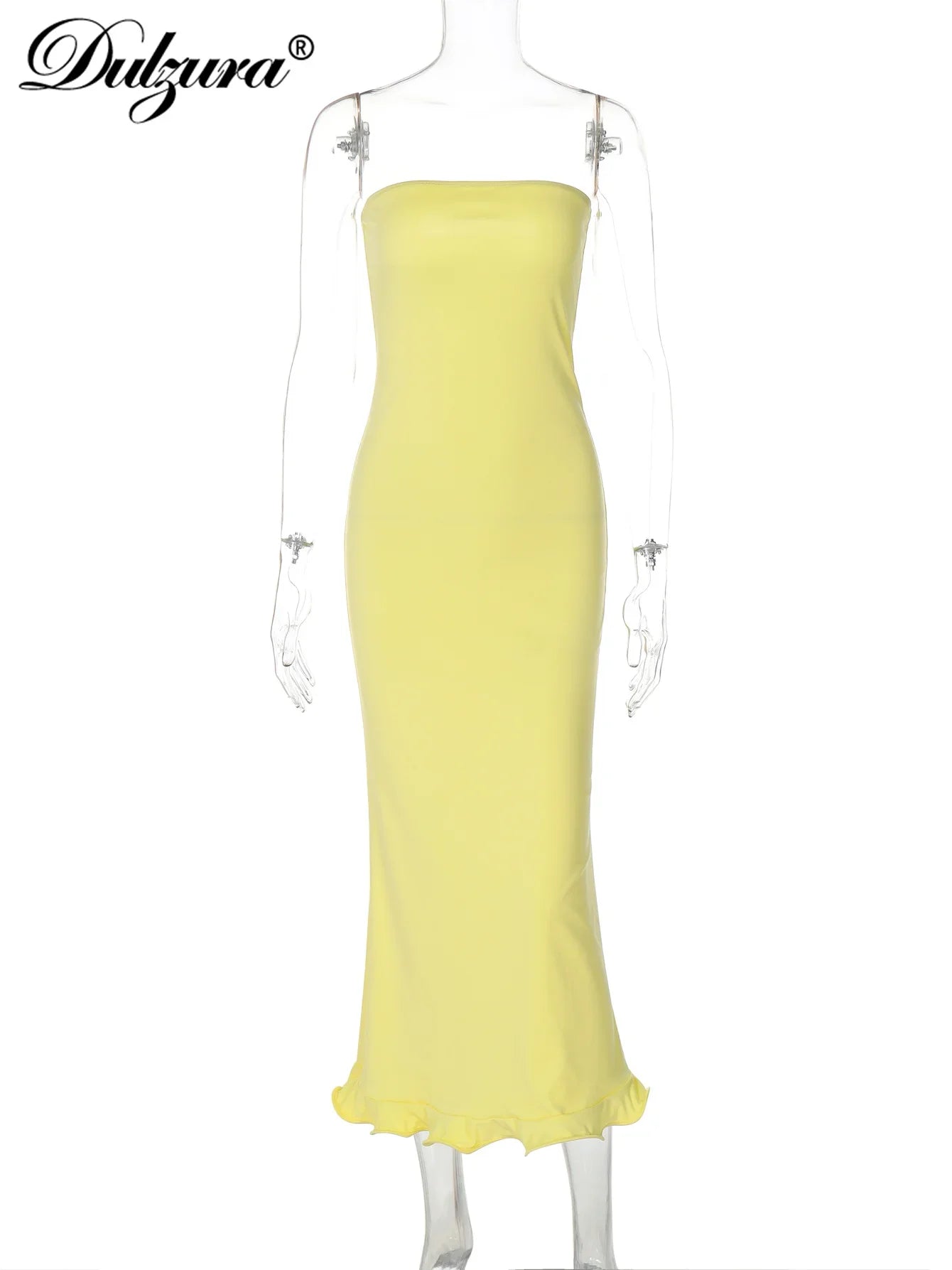 Dulzura Sleeveless Ruffles Patchwork Strapless Bodycon Midi Dress for Women Elegant Solid Sexy Party and Clubwear for Autumn and Winter