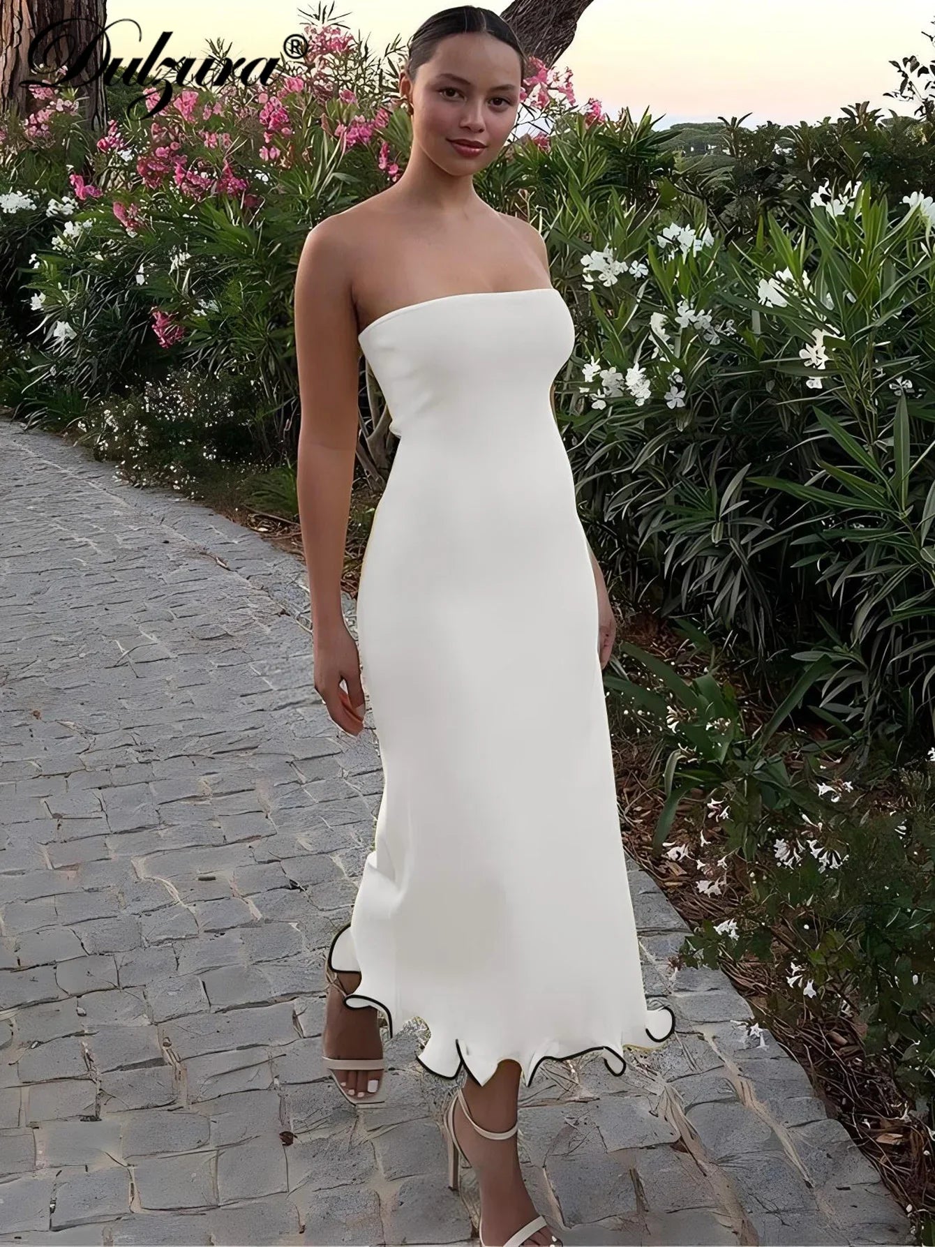 Dulzura Sleeveless Ruffles Patchwork Strapless Bodycon Midi Dress for Women Elegant Solid Sexy Party and Clubwear for Autumn and Winter