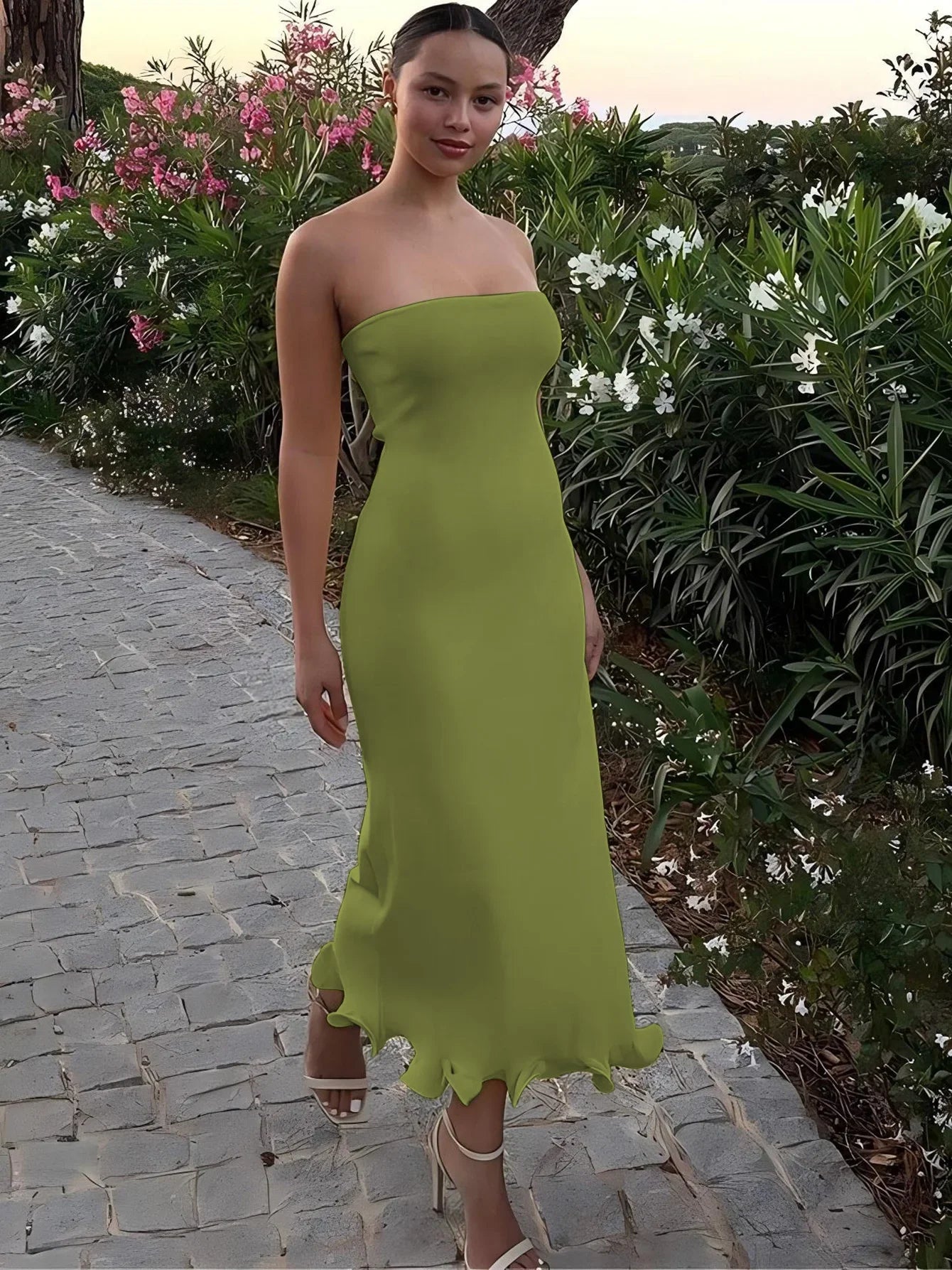 Dulzura Sleeveless Ruffles Patchwork Strapless Bodycon Midi Dress for Women Elegant Solid Sexy Party and Clubwear for Autumn and Winter