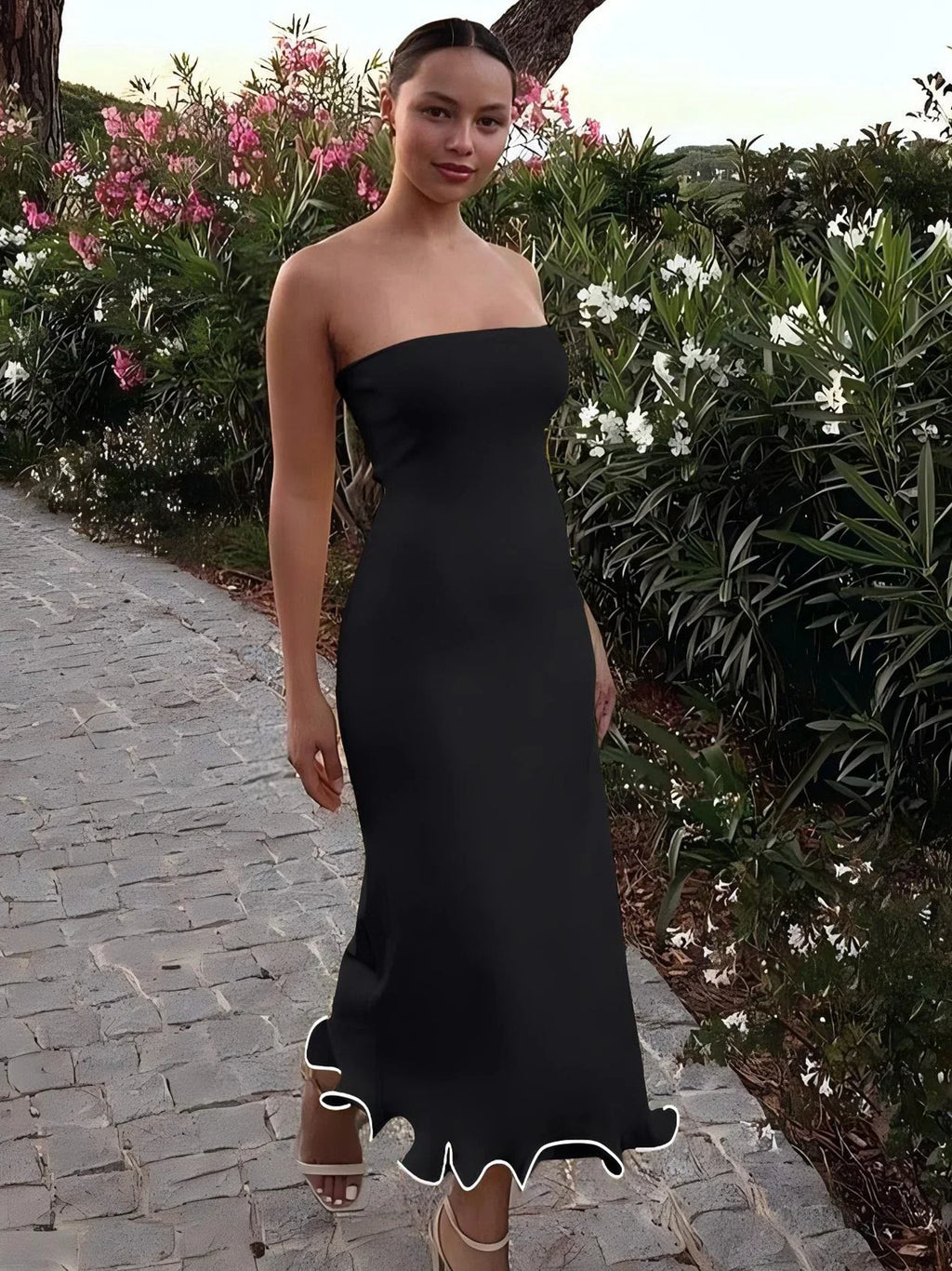 Dulzura Sleeveless Ruffles Patchwork Strapless Bodycon Midi Dress for Women Elegant Solid Sexy Party and Clubwear for Autumn and Winter