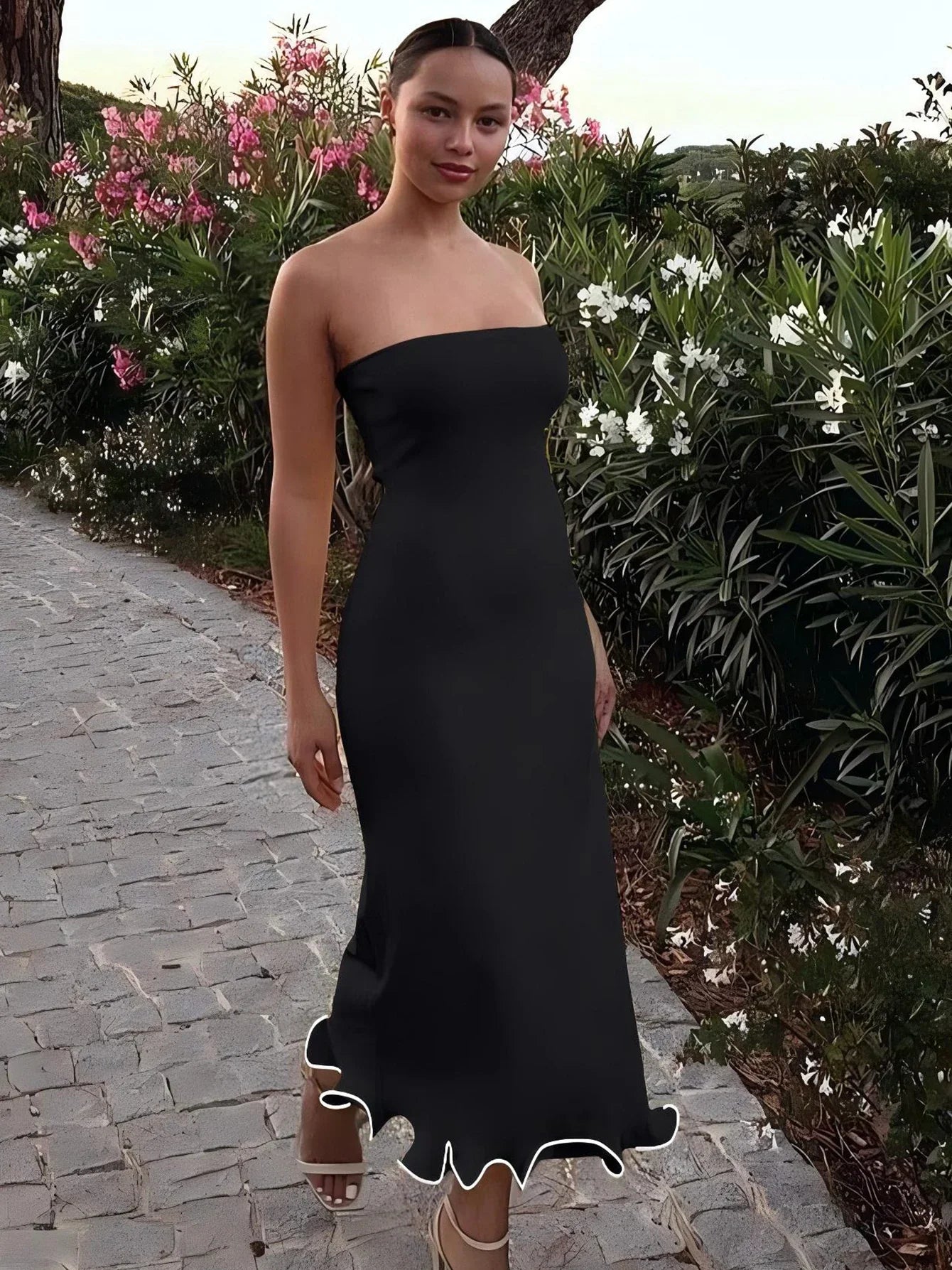 Dulzura Sleeveless Ruffles Patchwork Strapless Bodycon Midi Dress for Women Elegant Solid Sexy Party and Clubwear for Autumn and Winter