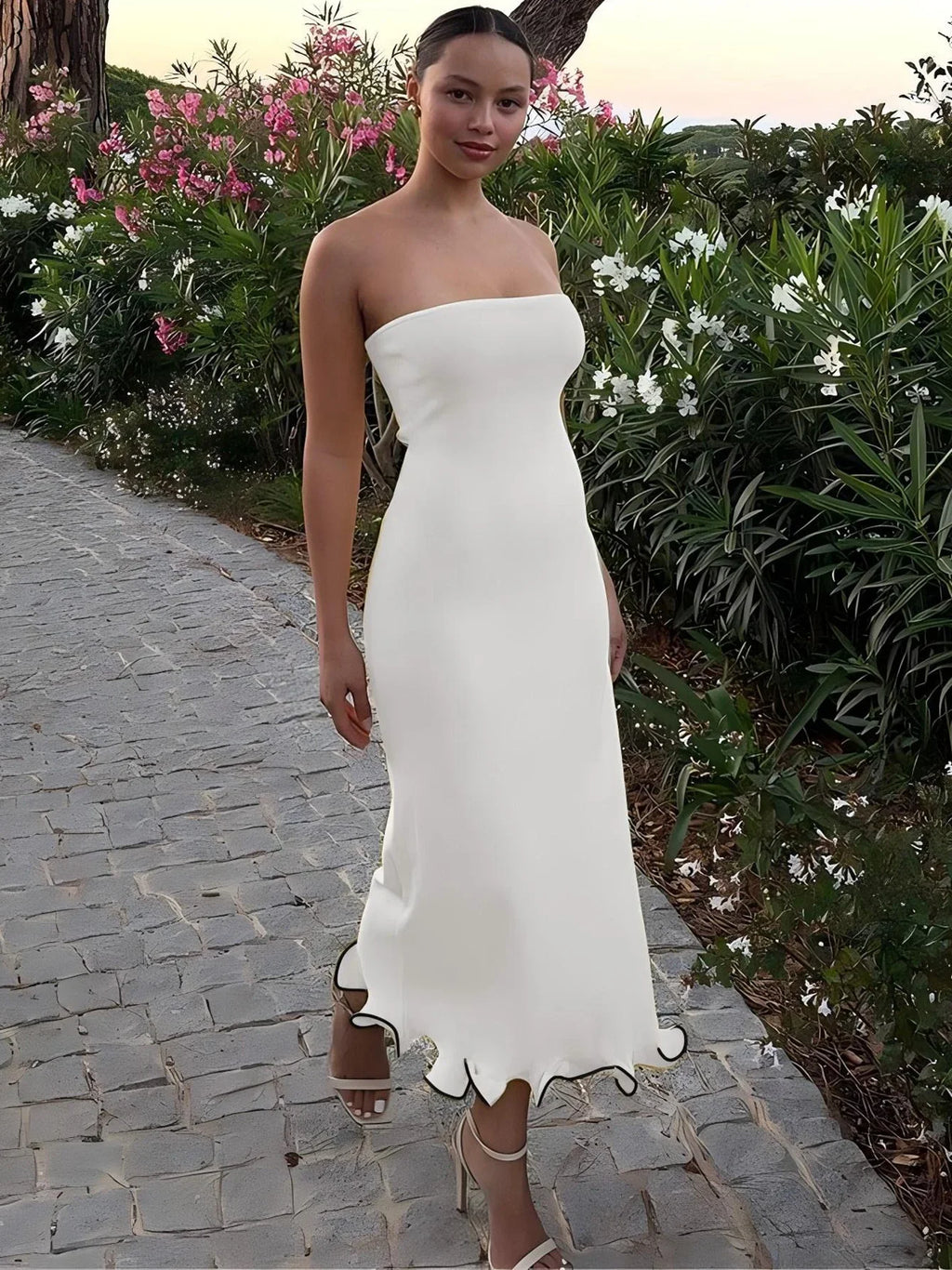 Dulzura Sleeveless Ruffles Patchwork Strapless Bodycon Midi Dress for Women Elegant Solid Sexy Party and Clubwear for Autumn and Winter