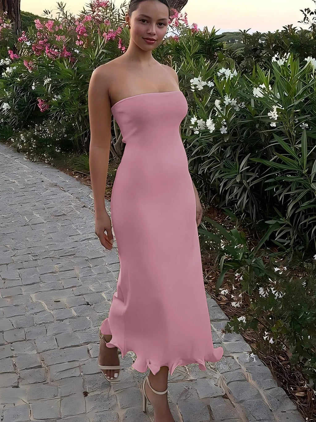 Dulzura Sleeveless Ruffles Patchwork Strapless Bodycon Midi Dress for Women Elegant Solid Sexy Party and Clubwear for Autumn and Winter