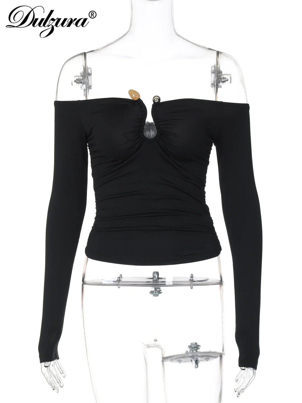 Off Shoulder Long Sleeve Button Ruched Bodycon Crop Top Sexy Elegant Solid Color Party Club Streetwear for Autumn and Winter