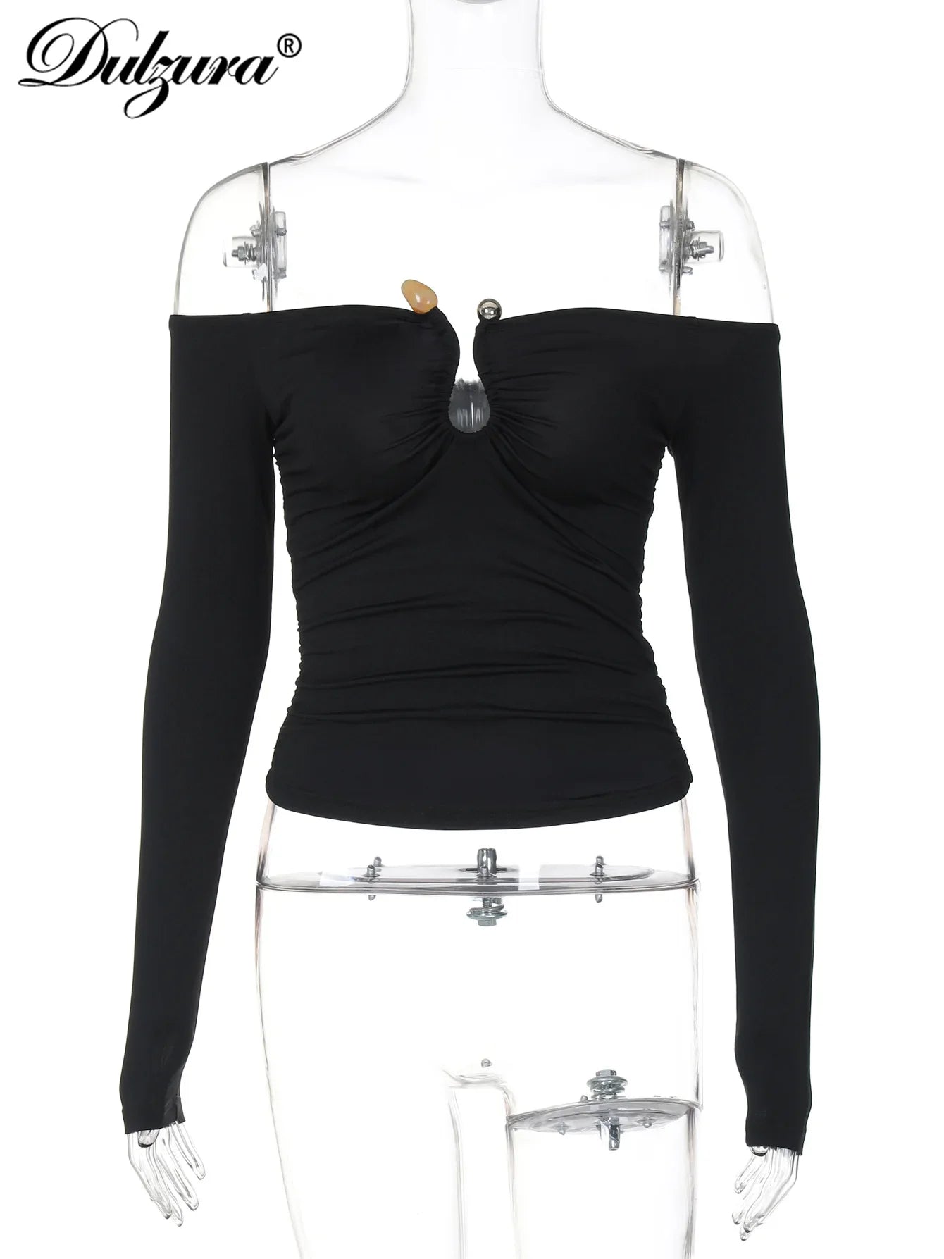 Off Shoulder Long Sleeve Button Ruched Bodycon Crop Top Sexy Elegant Solid Color Party Club Streetwear for Autumn and Winter