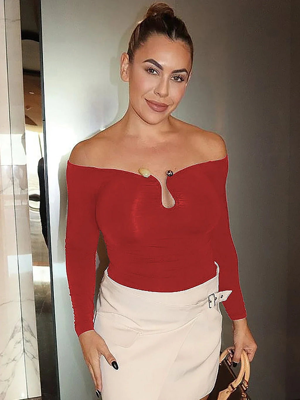 Off Shoulder Long Sleeve Button Ruched Bodycon Crop Top Sexy Elegant Solid Color Party Club Streetwear for Autumn and Winter