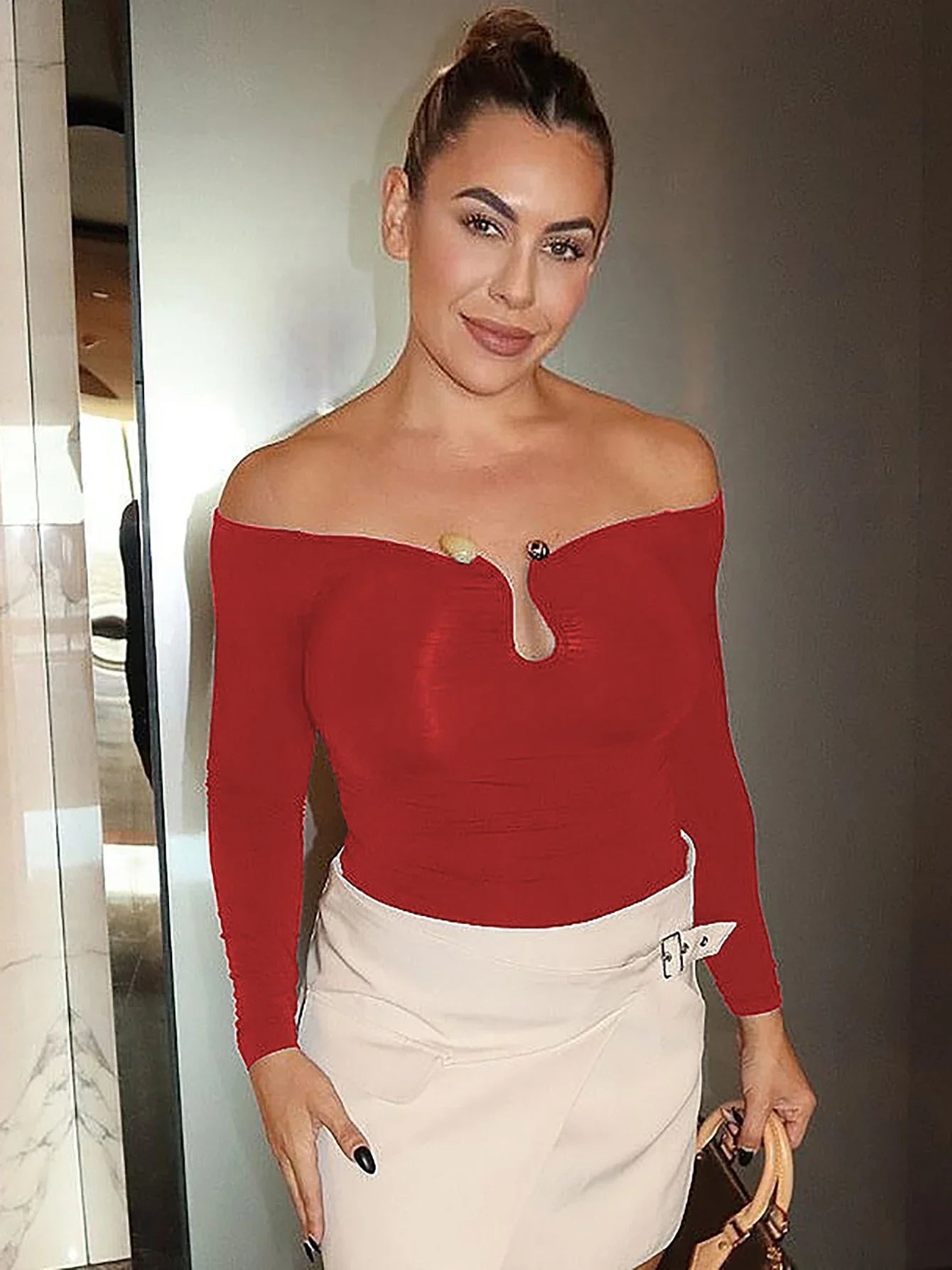 Off Shoulder Long Sleeve Button Ruched Bodycon Crop Top Sexy Elegant Solid Color Party Club Streetwear for Autumn and Winter