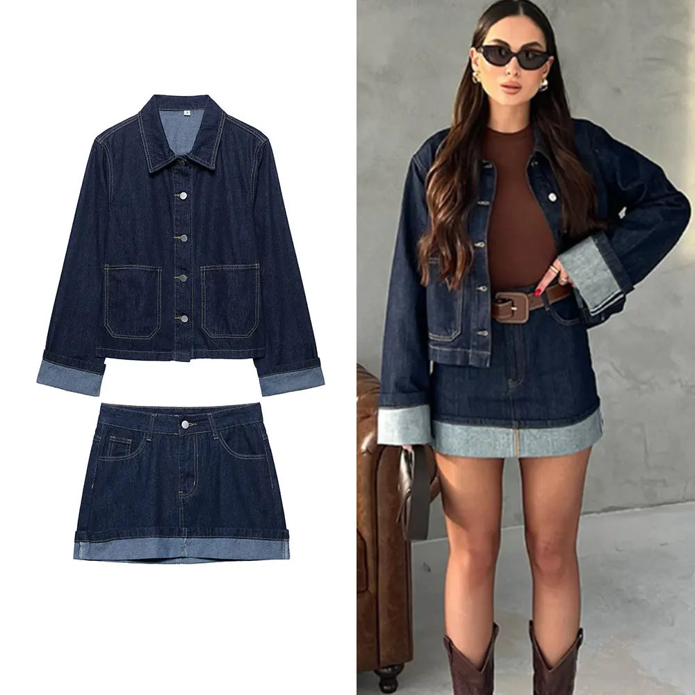 Women's Y2K Denim Two-Piece Set Long Sleeve Jacket with Front Zipper Mini Skirt Casual Chic Skirt Outfit
