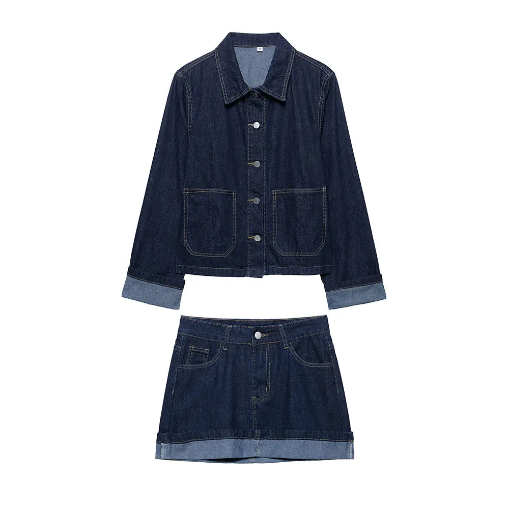 Women's Y2K Denim Two-Piece Set Long Sleeve Jacket with Front Zipper Mini Skirt Casual Chic Skirt Outfit