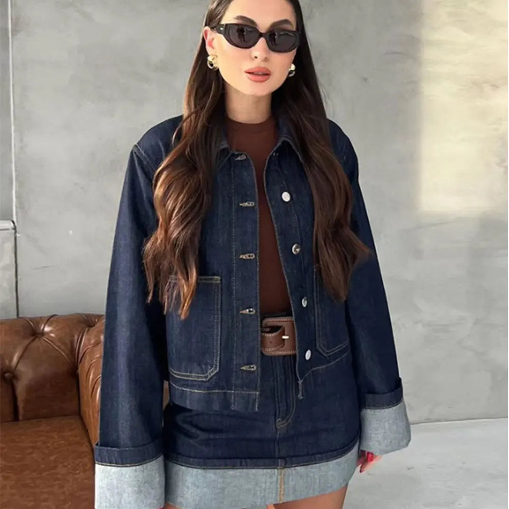 Women's Y2K Denim Two-Piece Set Long Sleeve Jacket with Front Zipper Mini Skirt Casual Chic Skirt Outfit
