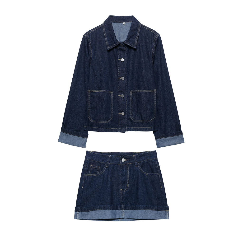 Women's Y2K Denim Two-Piece Set Long Sleeve Jacket with Front Zipper Mini Skirt Casual Chic Skirt Outfit