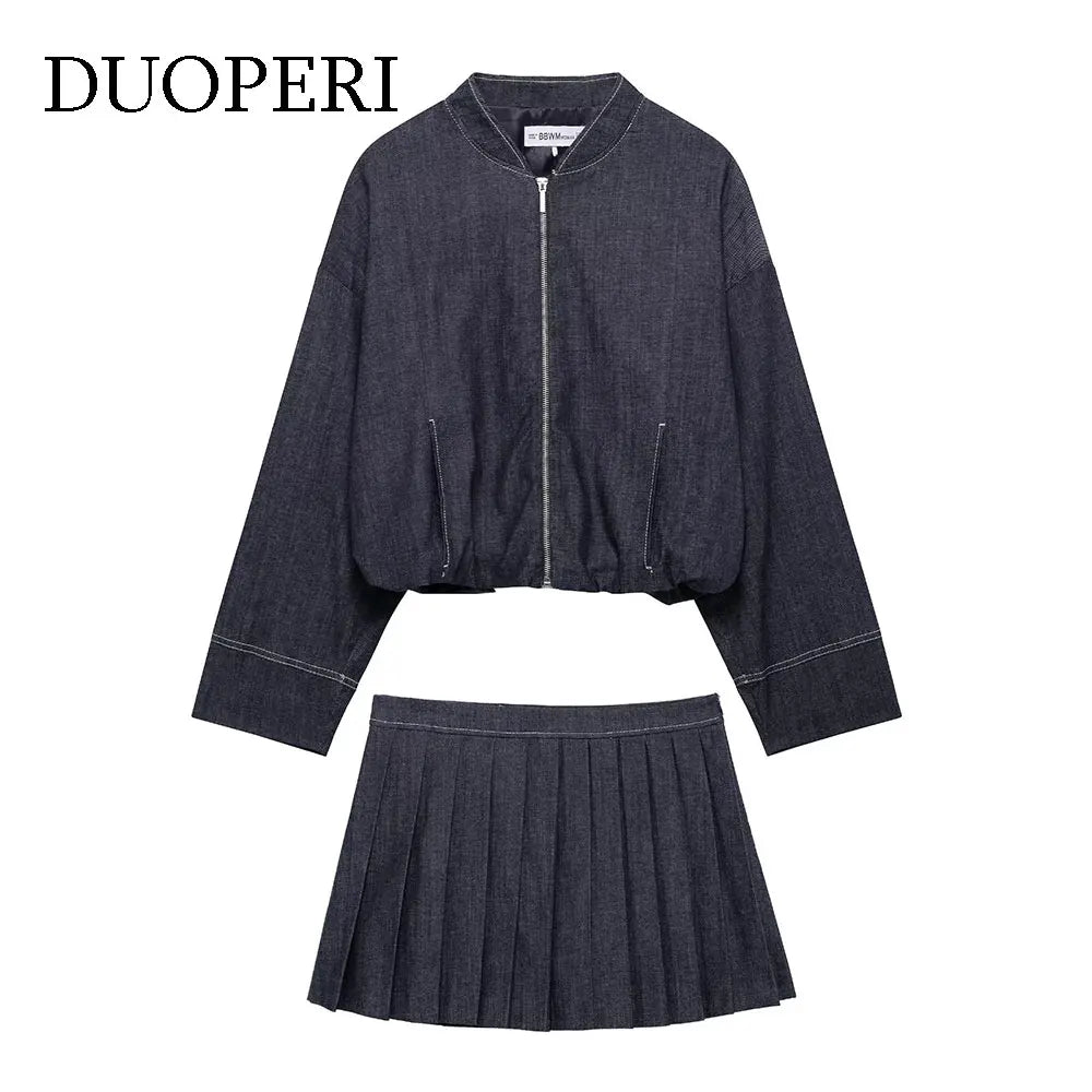 Women's Two-Piece Denim Set Featuring Pleated Jacket and Side Zipper Skirt Shorts Chic Casual Outfit for Stylish Ladies