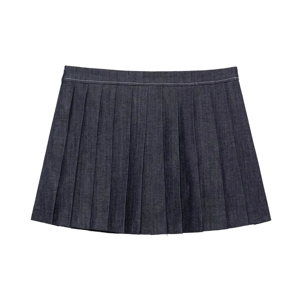 Women's Two-Piece Denim Set Featuring Pleated Jacket and Side Zipper Skirt Shorts Chic Casual Outfit for Stylish Ladies