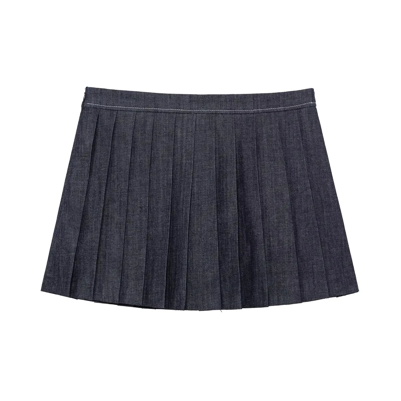 Women's Two-Piece Denim Set Featuring Pleated Jacket and Side Zipper Skirt Shorts Chic Casual Outfit for Stylish Ladies