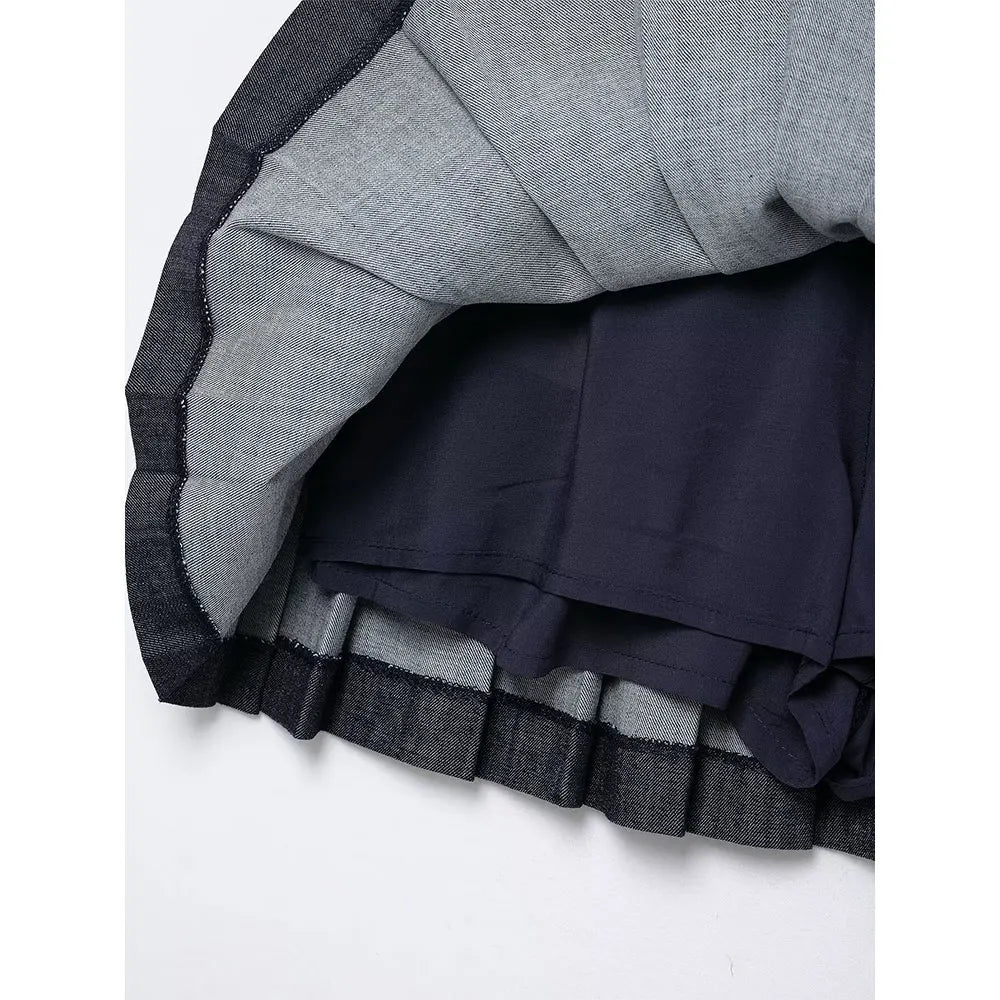 Women's Two-Piece Denim Set Featuring Pleated Jacket and Side Zipper Skirt Shorts Chic Casual Outfit for Stylish Ladies