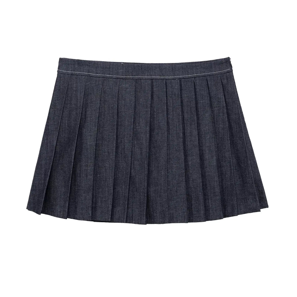 Women's Two-Piece Denim Set Featuring Pleated Jacket and Side Zipper Skirt Shorts Chic Casual Outfit for Stylish Ladies