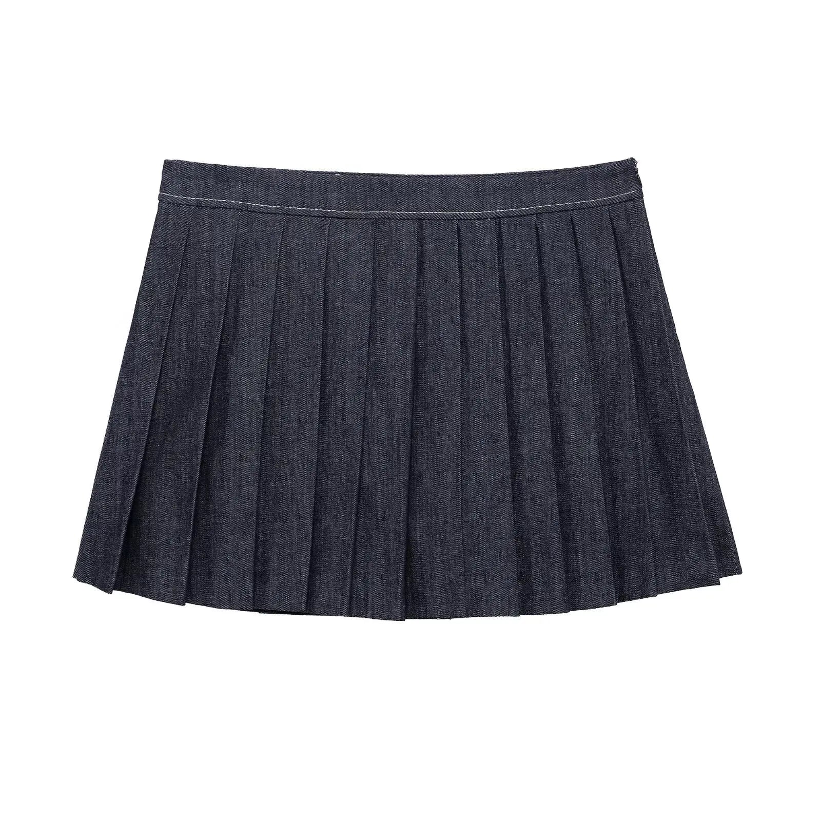 Women's Two-Piece Denim Set Featuring Pleated Jacket and Side Zipper Skirt Shorts Chic Casual Outfit for Stylish Ladies