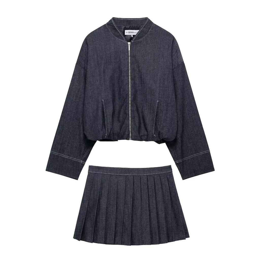 Women's Two-Piece Denim Set Featuring Pleated Jacket and Side Zipper Skirt Shorts Chic Casual Outfit for Stylish Ladies