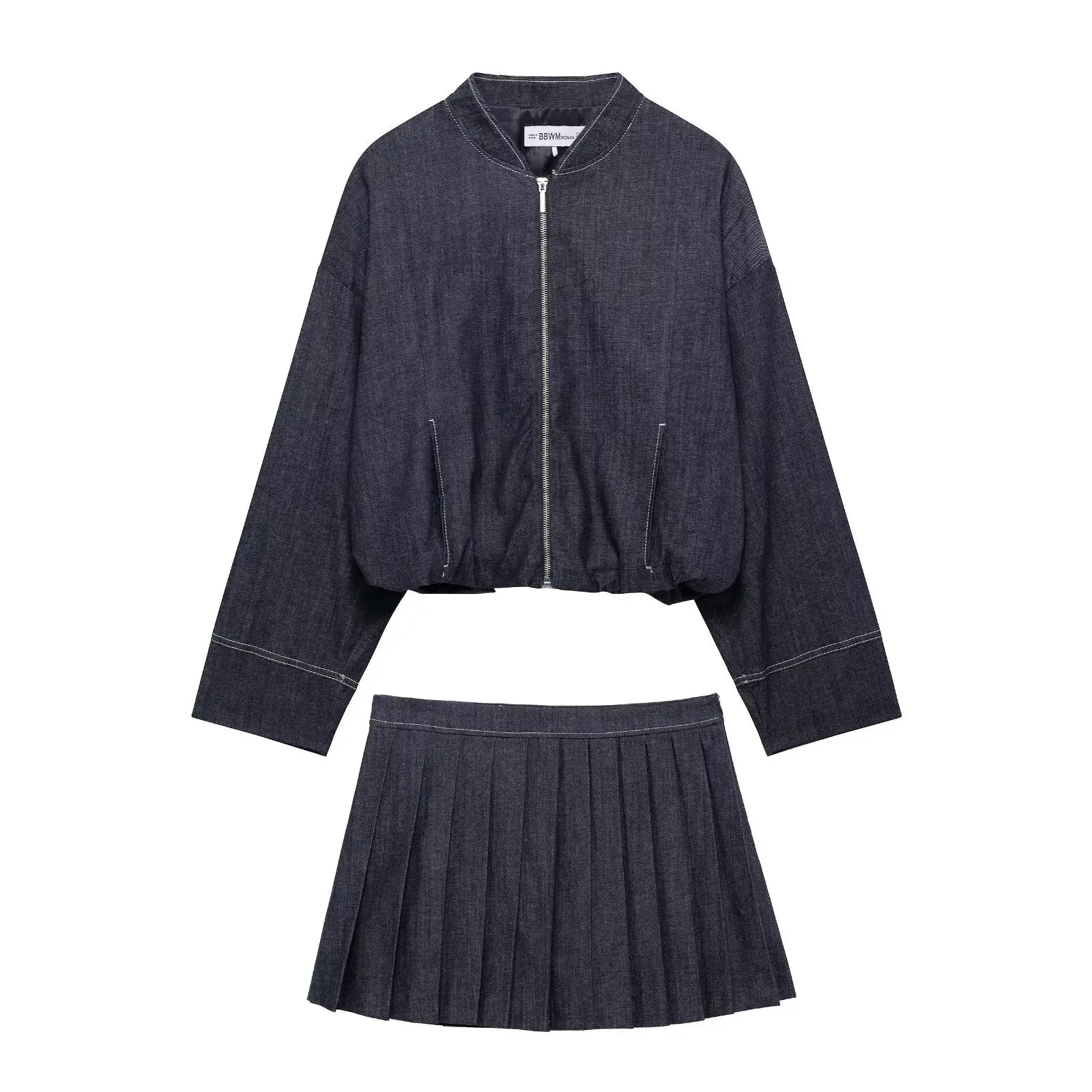 Women's Two-Piece Denim Set Featuring Pleated Jacket and Side Zipper Skirt Shorts Chic Casual Outfit for Stylish Ladies