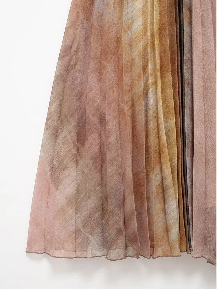 Tie Dyed Pleated Midi Dress for Women Beaded Halter Collar Elegant Casual Sexy Thin Party Dress