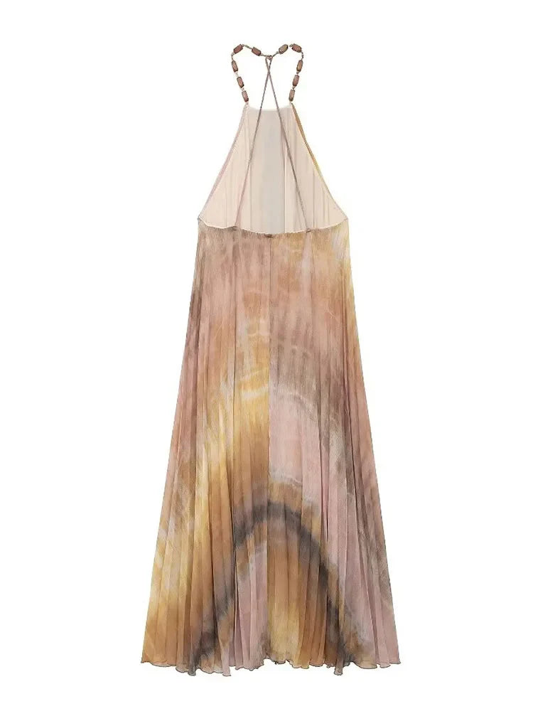 Tie Dyed Pleated Midi Dress for Women Beaded Halter Collar Elegant Casual Sexy Thin Party Dress