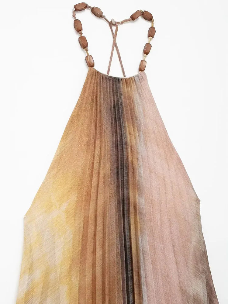 Tie Dyed Pleated Midi Dress for Women Beaded Halter Collar Elegant Casual Sexy Thin Party Dress