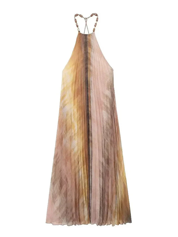 Tie Dyed Pleated Midi Dress for Women Beaded Halter Collar Elegant Casual Sexy Thin Party Dress