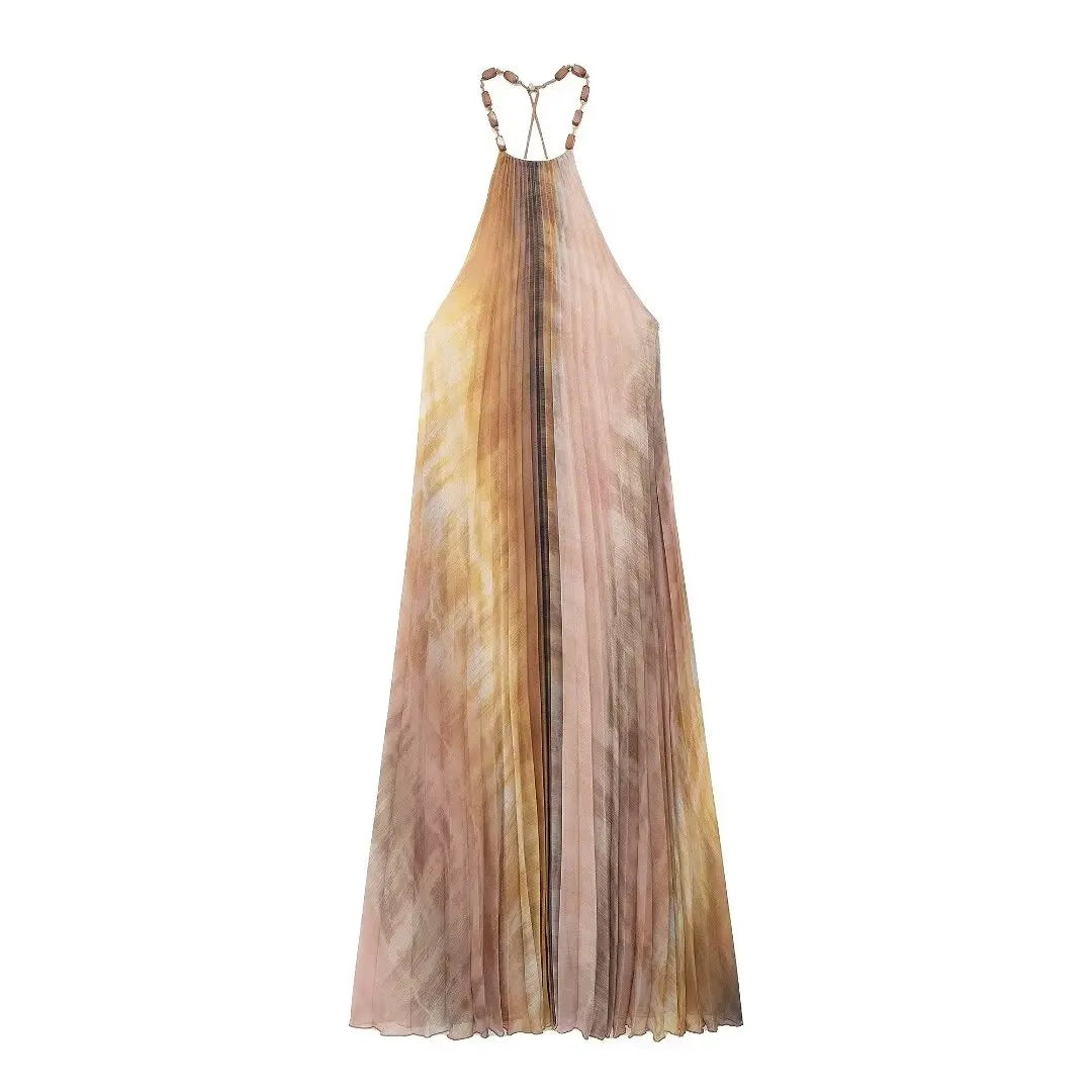 Tie Dyed Pleated Midi Dress for Women Beaded Halter Collar Elegant Casual Sexy Thin Party Dress
