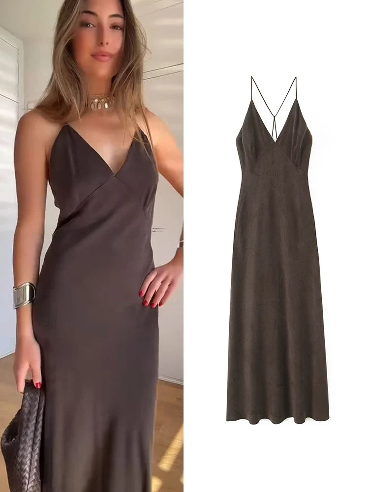 Elegant Summer Midi Sling Dress for Women with Sleeveless Backless V-Neck Design Perfect for Beach Parties and Casual Wear