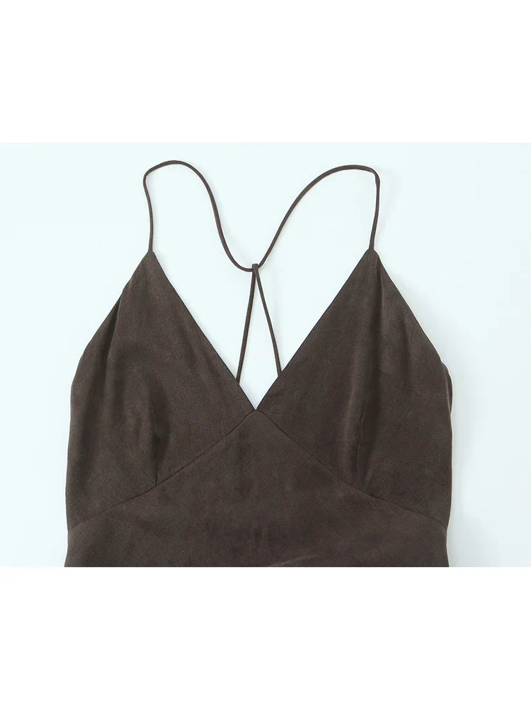 Elegant Summer Midi Sling Dress for Women with Sleeveless Backless V-Neck Design Perfect for Beach Parties and Casual Wear