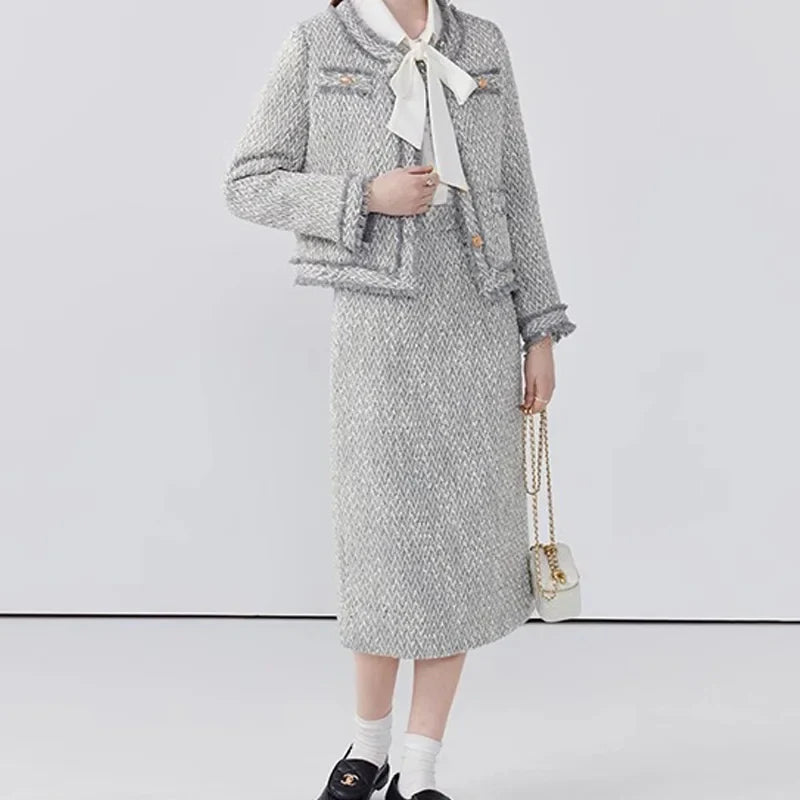 Women's Elegant Two-Piece Tweed Skirt Set Long Sleeve Single Breasted Stripe Coat and Bodycon Office Skirt Autumn Winter Outfit