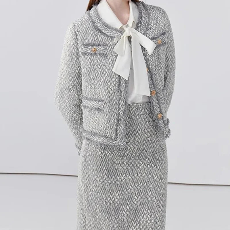 Women's Elegant Two-Piece Tweed Skirt Set Long Sleeve Single Breasted Stripe Coat and Bodycon Office Skirt Autumn Winter Outfit