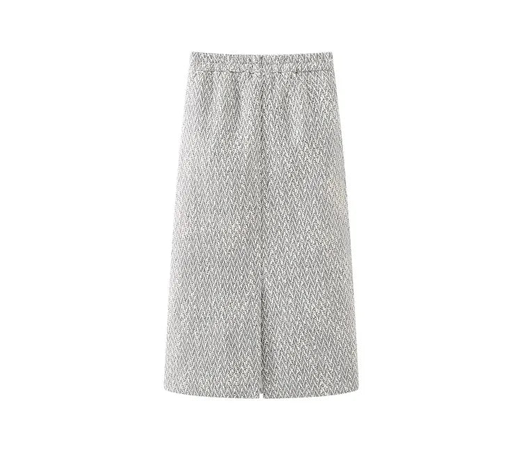 Women's Elegant Two-Piece Tweed Skirt Set Long Sleeve Single Breasted Stripe Coat and Bodycon Office Skirt Autumn Winter Outfit