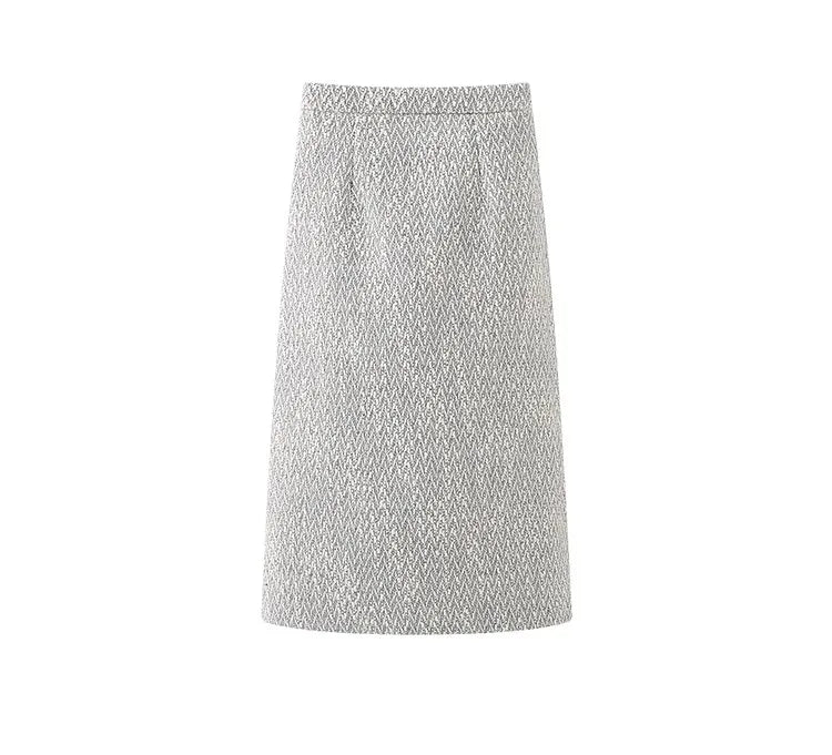 Women's Elegant Two-Piece Tweed Skirt Set Long Sleeve Single Breasted Stripe Coat and Bodycon Office Skirt Autumn Winter Outfit