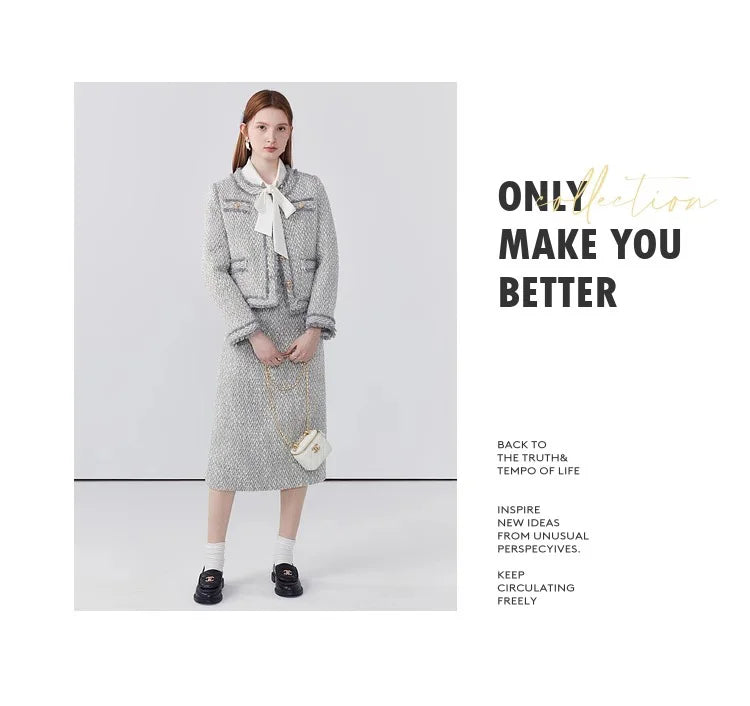 Women's Elegant Two-Piece Tweed Skirt Set Long Sleeve Single Breasted Stripe Coat and Bodycon Office Skirt Autumn Winter Outfit