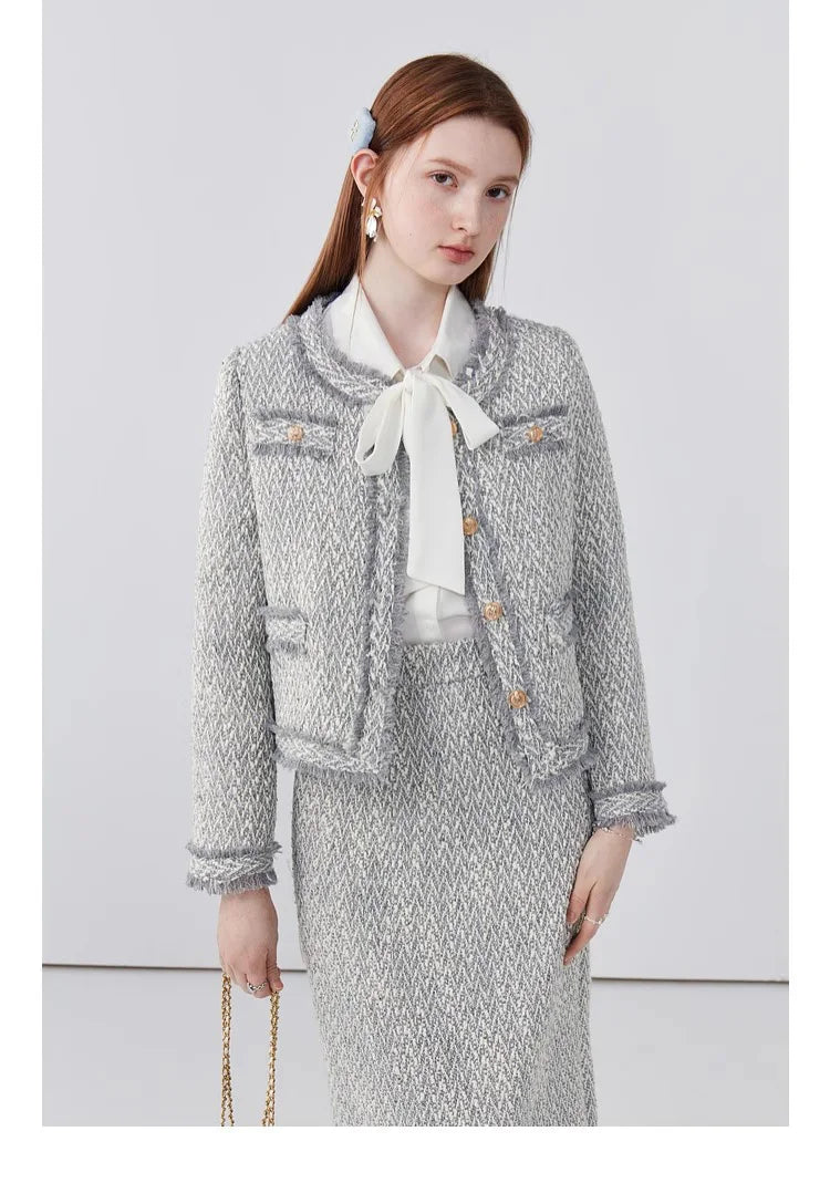 Women's Elegant Two-Piece Tweed Skirt Set Long Sleeve Single Breasted Stripe Coat and Bodycon Office Skirt Autumn Winter Outfit