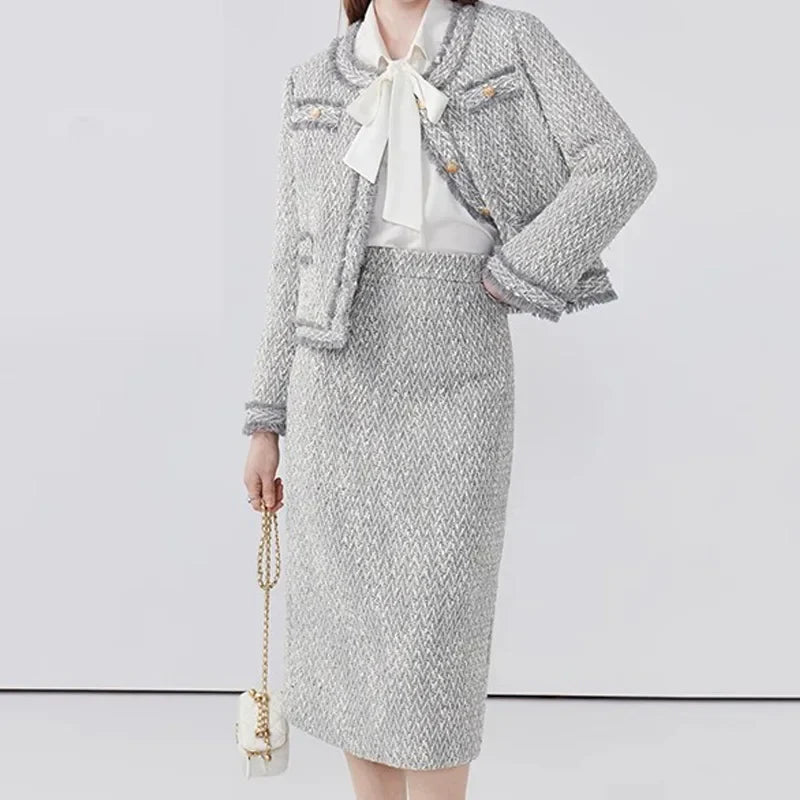Women's Elegant Two-Piece Tweed Skirt Set Long Sleeve Single Breasted Stripe Coat and Bodycon Office Skirt Autumn Winter Outfit
