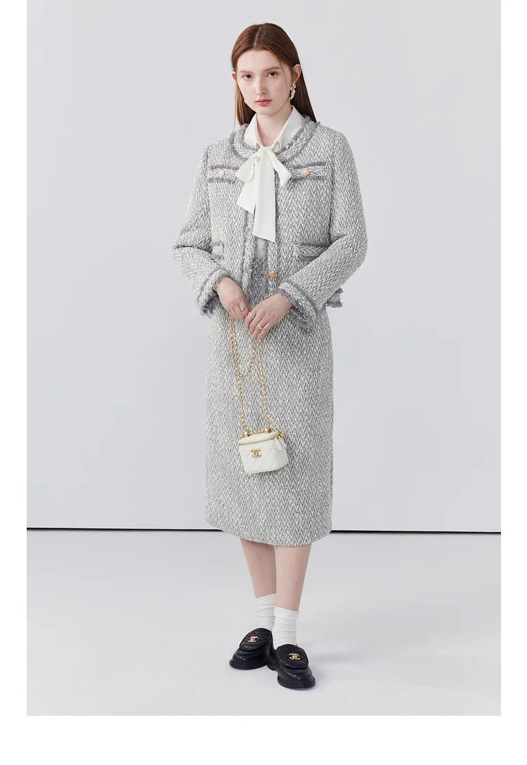 Women's Elegant Two-Piece Tweed Skirt Set Long Sleeve Single Breasted Stripe Coat and Bodycon Office Skirt Autumn Winter Outfit