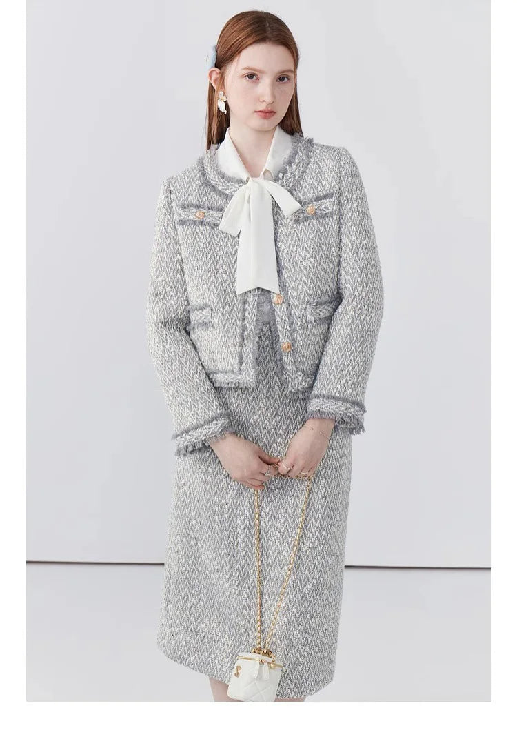 Women's Elegant Two-Piece Tweed Skirt Set Long Sleeve Single Breasted Stripe Coat and Bodycon Office Skirt Autumn Winter Outfit