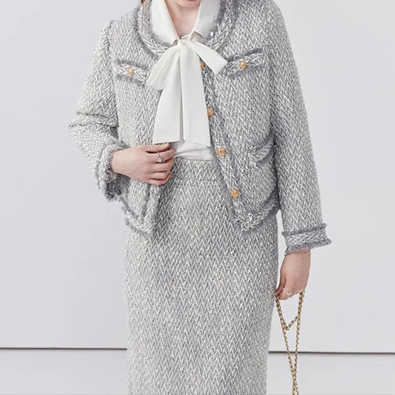 Women's Elegant Two-Piece Tweed Skirt Set Long Sleeve Single Breasted Stripe Coat and Bodycon Office Skirt Autumn Winter Outfit