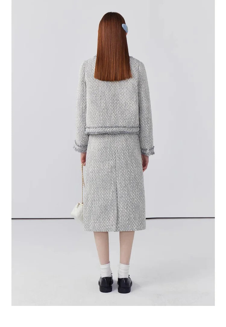 Women's Elegant Two-Piece Tweed Skirt Set Long Sleeve Single Breasted Stripe Coat and Bodycon Office Skirt Autumn Winter Outfit