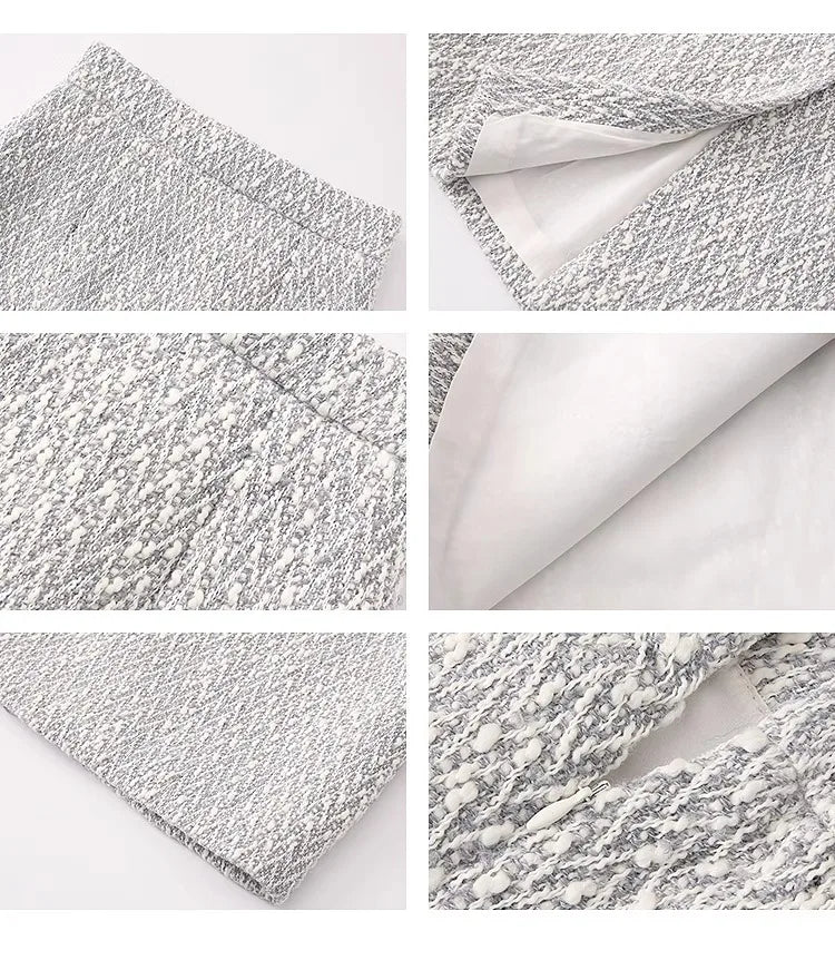 Women's Elegant Two-Piece Tweed Skirt Set Long Sleeve Single Breasted Stripe Coat and Bodycon Office Skirt Autumn Winter Outfit