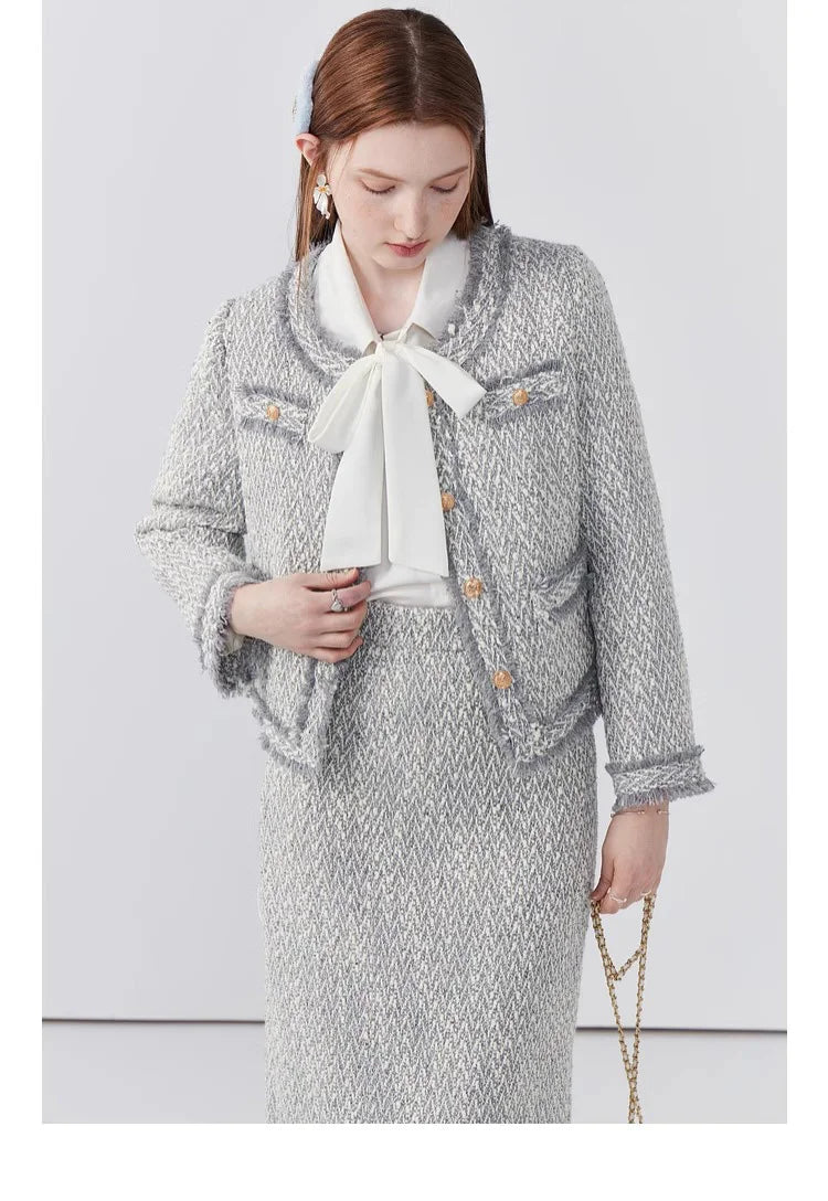 Women's Elegant Two-Piece Tweed Skirt Set Long Sleeve Single Breasted Stripe Coat and Bodycon Office Skirt Autumn Winter Outfit