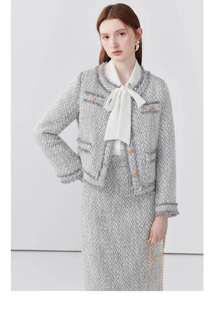 Women's Elegant Two-Piece Tweed Skirt Set Long Sleeve Single Breasted Stripe Coat and Bodycon Office Skirt Autumn Winter Outfit