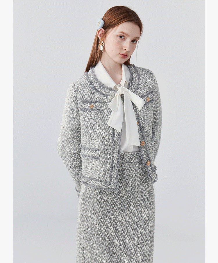 Women's Elegant Two-Piece Tweed Skirt Set Long Sleeve Single Breasted Stripe Coat and Bodycon Office Skirt Autumn Winter Outfit