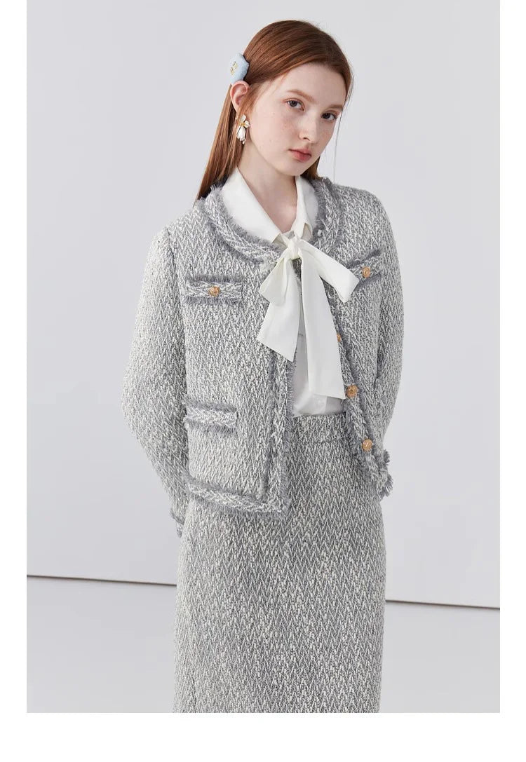 Women's Elegant Two-Piece Tweed Skirt Set Long Sleeve Single Breasted Stripe Coat and Bodycon Office Skirt Autumn Winter Outfit